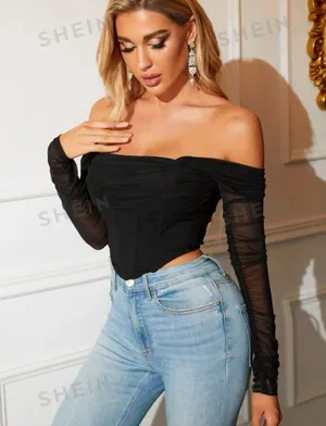Off Shoulder High-low Hem Ruched Mesh Corset Top thumbnail 2