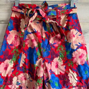 Zara Boho Floral Jogger Style Cotton‎ Lightweight TrouserPants Cropped Red Belt thumbnail 3