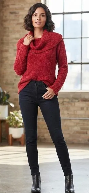 Cato‎ Red Fuzzy Cowl Neck Long Sleeve Tunic Sweater Top Women's Size L thumbnail 1