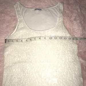 Express Dressy Women’s Ivory Translucent Sequin Long Scoop Neck Tank Top thumbnail 7