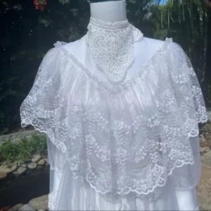 Vintage 1950s lace high neck wedding dress cottage core / boho ruffle tiered lac thumbnail 9