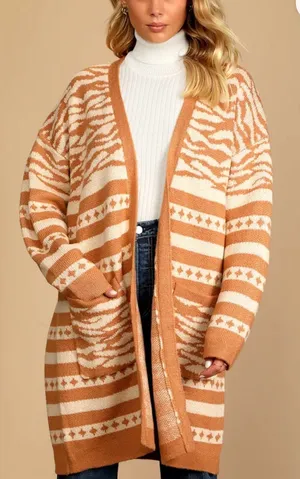 Lulu's Camel & Cream Open-Front Zebra Print Cardigan Size Medium NWT!! thumbnail 1