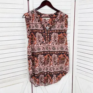 Loft Boho Floral Split Neck Sleeveless Tunic Tank Top Shirt Peach‎ Coral Medium thumbnail 8