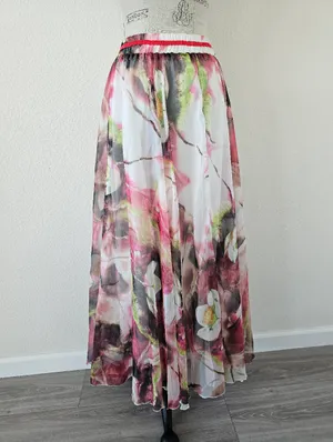 NWT Watercolor Floral Lotus Chiffon Maxi Skirt Size S Pink Green Sheer Layered thumbnail 6