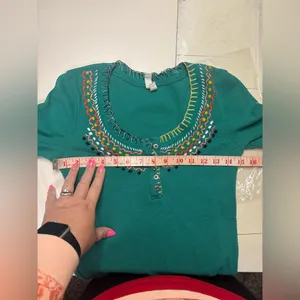 We The Free Free People Embroidered Waffle Knit Teal Boho Long Sleeve Womens Size Medium thumbnail 3