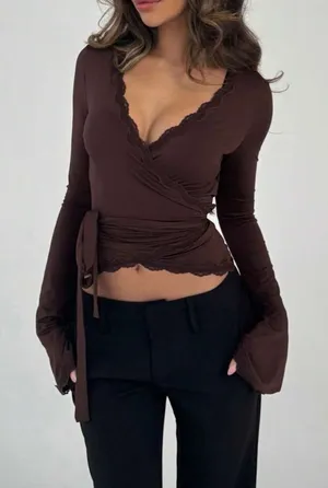 Shein Brown Wrap Top Chocolate Tie Around thumbnail 1