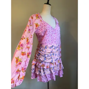 For Love Bell Pink fancy Floral Ruched Mini Dress Long Sleeve Ruffle L dainty y2 thumbnail 2