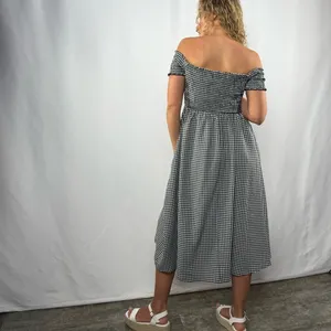 Lulus Off the Shoulder Gingham Smocked Midi Dress‎ in Black White Size XS thumbnail 3
