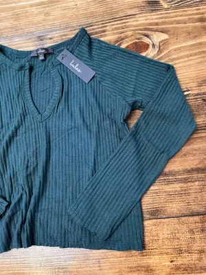 Lulus Dark Green Ribbed Split Neck Long Sleeve Top Size XS NWT thumbnail 5