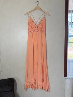 Free People One Women’s Adella Maxi Slip Dress Crochet Lace in Orange M thumbnail 4
