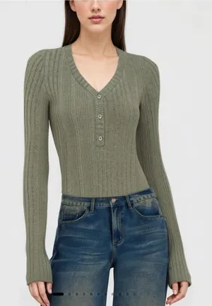 Cider Rib V-Neck Solid Button Bodysuit Green XL NWT thumbnail 1