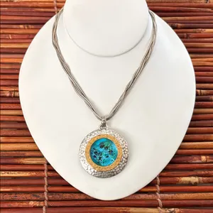 Chico's Silver and Gold Necklace with Blue Pendant 16”-20” thumbnail 1