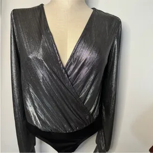 NWT Good Luck Gem Silver Metallic Puffy Long Sleeve Open Back Blouse Bodysuit S thumbnail 4