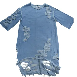 Vibrant MIU Light Wash Distressed Denim Shift Dress Shredded High Low Hem Blue thumbnail 1