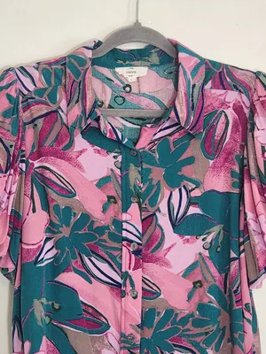 Entro Pink and Teal Green Tropical Print Puffy Sleeve Blouse Size Large thumbnail 2