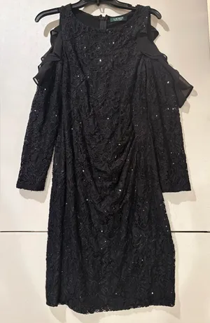 LRL Black Sequin Lace Cold Shoulder Ruffle Dress Size 10 / M (No Tag) thumbnail 1