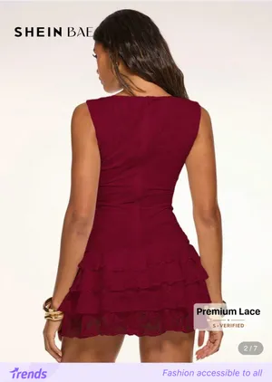 Burgundy ruffle lace mini dress thumbnail 2