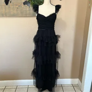 Lulus Black Swiss Dot Tiered Maxi Dress Open Back Mesh Formal Wedding Guest M thumbnail 3