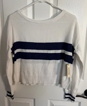 Garage White Knit Sweater Top with Navy Stripes XS NWT thumbnail 1