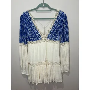 Free People Dusk to Dawn Dress Boho Sz 2 White Blue‎ Crochet Deep V Long Sleeve thumbnail 2