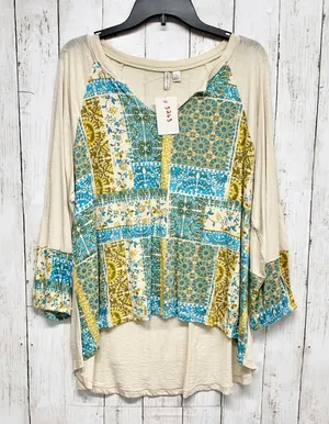Cato Boho Patchwork 3/4 Sleeve Top Womens Size L Beige Blue Cotton‎ Modal Blend thumbnail 1