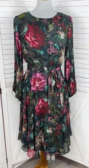 Maison Tara Dark Floral Pleated Sleeve Chiffon Fit Flare Dress Black Multi 10‎ thumbnail 1