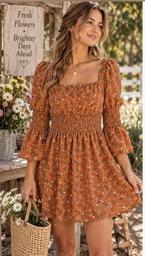 NWOT T.B.F.O Rust Orange Ditsy Floral Smocked Mini Dress Size Medium thumbnail 1