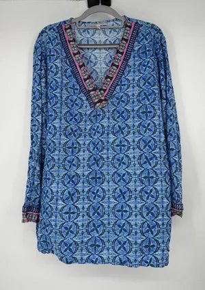 La Blanca Womens L Blue Print Tunic Swim Cover Up Beach Resort Top‎ V Neck thumbnail 1
