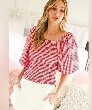 VINE & LOVE Red & White Gingham Milkmaid / Picnic / Puff Sleeves Top - Small thumbnail 1
