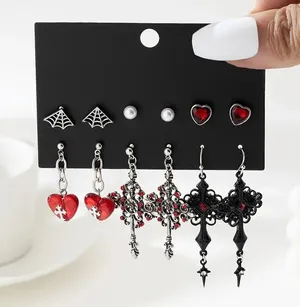 NEW 6 Pairs Gothic Earrings Set, Goth Spider Web Red Accents Punk Jewelry, Cross thumbnail 1