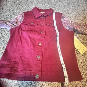 One World Womens Burgundy Denim Jacket Paisley‎ Print Lighweight Sleeve Size S thumbnail 6