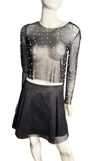 Thirty/Thirty LA Womens Black Sheer Mesh Pearl Embellished Crop Top Large thumbnail 1