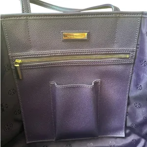 Tory‎ Burch Purple Pebbled Leather Tote Bag Large Double T Logo Work Office thumbnail 9