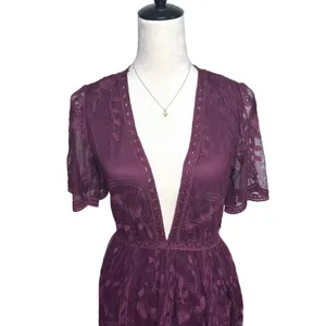 Haute Monde Plum Purple Floral Lace Deep V-Neck Boho Maxi‎ Romper Dress Small thumbnail 3