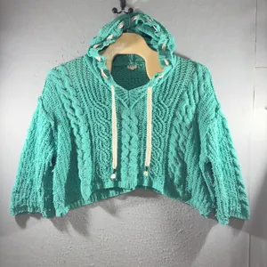 3281 | POL YST410 Chenille Cable Knit Hoodie Sweater Turquoise Boho Women L thumbnail 3