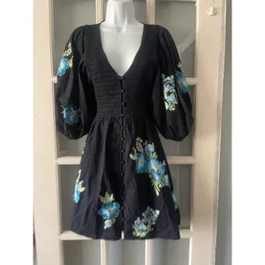 ASOS DESIGN cotton poplin embroidery shirred bodice mini dress in black thumbnail 6