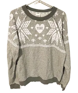 Victoria’s Secret PINK Christmas Winter Sweatshirt Gray‎ Crew Neck snowflake thumbnail 1