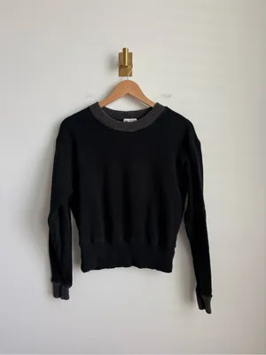 James Perse Cropped Contrast Rib Crewneck Sweatshirt Black Grey Medium thumbnail 5