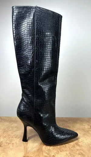 Stuart Weitzman Parton Black Croc Embossed Leather Knee High Boots Heels Size 5 thumbnail 1