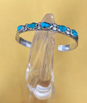 Vintage Navajo SC Nastacio sterling silver turquoise stone cuff bracelet. thumbnail 1