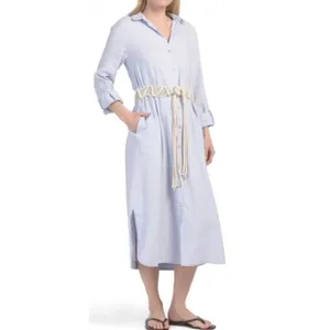 Calypso St. Barth Shirtdress Womens S Blue Linen Blend Macrame Belt‎ Midi Dress thumbnail 3