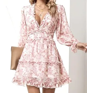 Womens Spring Summer Deep V Neck Ruffle Floral Chiffon Mini Dress thumbnail 2