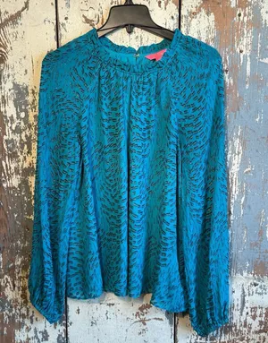 Lilly Pulitzer Silk Caline Metallic Turquoise Top Long Sleeve Blouse, size Large thumbnail 1