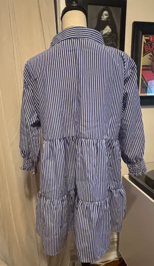 Women's 3/4 Sleeve V Neck Collar Striped Dress Casual A Line Ruffle Hem Mini Dresses thumbnail 5