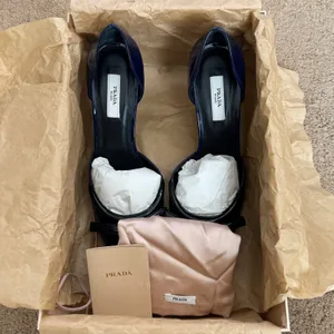 Prada Vintage 2000s Navy Patent Leather Bow D’Orsay Heels Italy 38 New with Box thumbnail 10