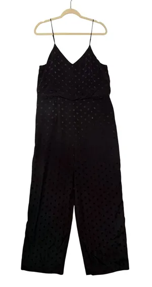 Anthropologie The Essential Jumpsuit Black Polka Dot Wide Leg V-Neck Size 14 thumbnail 1