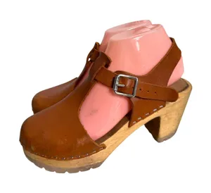 Lotta's from Stockholm Leather Wood Chunky Heel Mary Jane Clogs EU 37 US 6.5 thumbnail 1