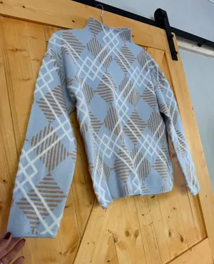 Rachel Zoe Blue & Tan Diamond Pattern Mock Neck Sweater Large thumbnail 1