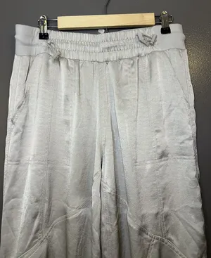 Anthropologie Pants Womens Medium Silver Satin Jogger Elastic Waist Cuffed thumbnail 1