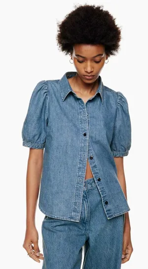 Aritzia Wilfred Ocean‎ Medium Blue Puff-Sleeve Denim Button-Down Shirt Size XS thumbnail 1